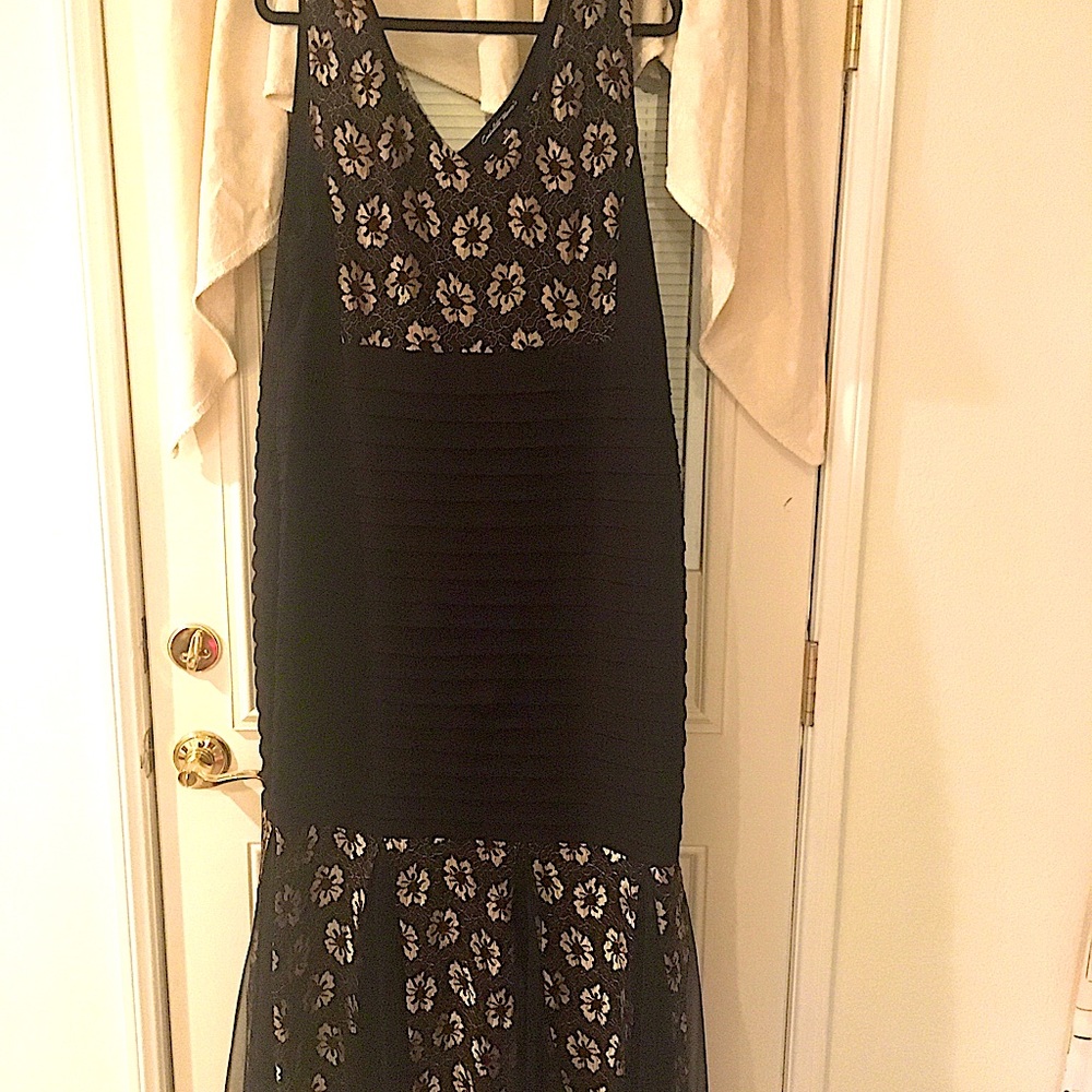 Black long dress with black and gold lace overlay